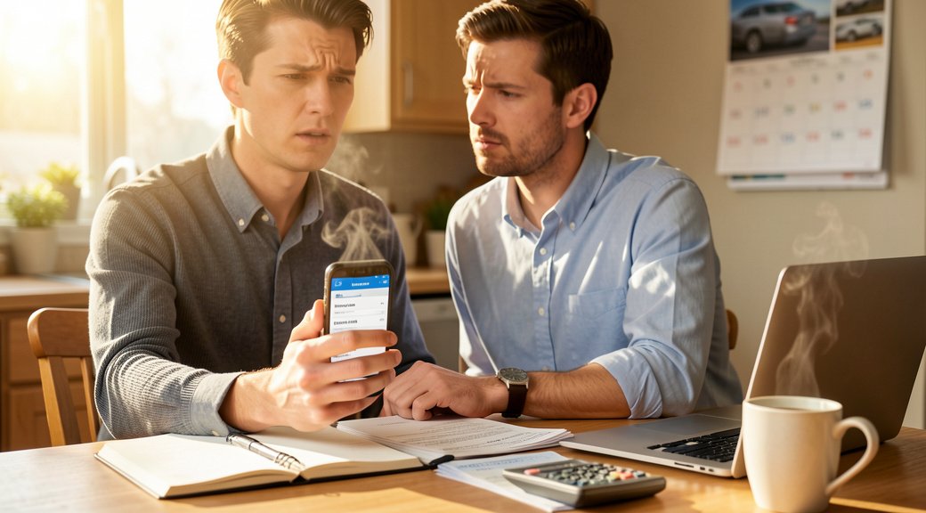 Person reviewing loan offers on a smartphone at a kitchen table with a laptop, calculator, and bills nearby