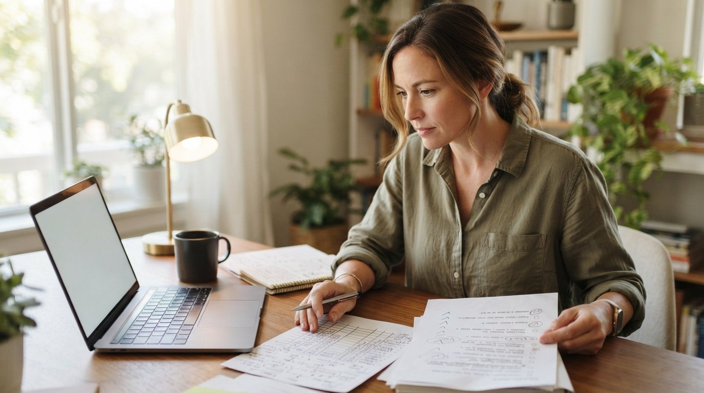 Adult student in a button-down shirt sits at a home desk with a laptop, notebook, coffee mug, printed tuition breakdowns,…
