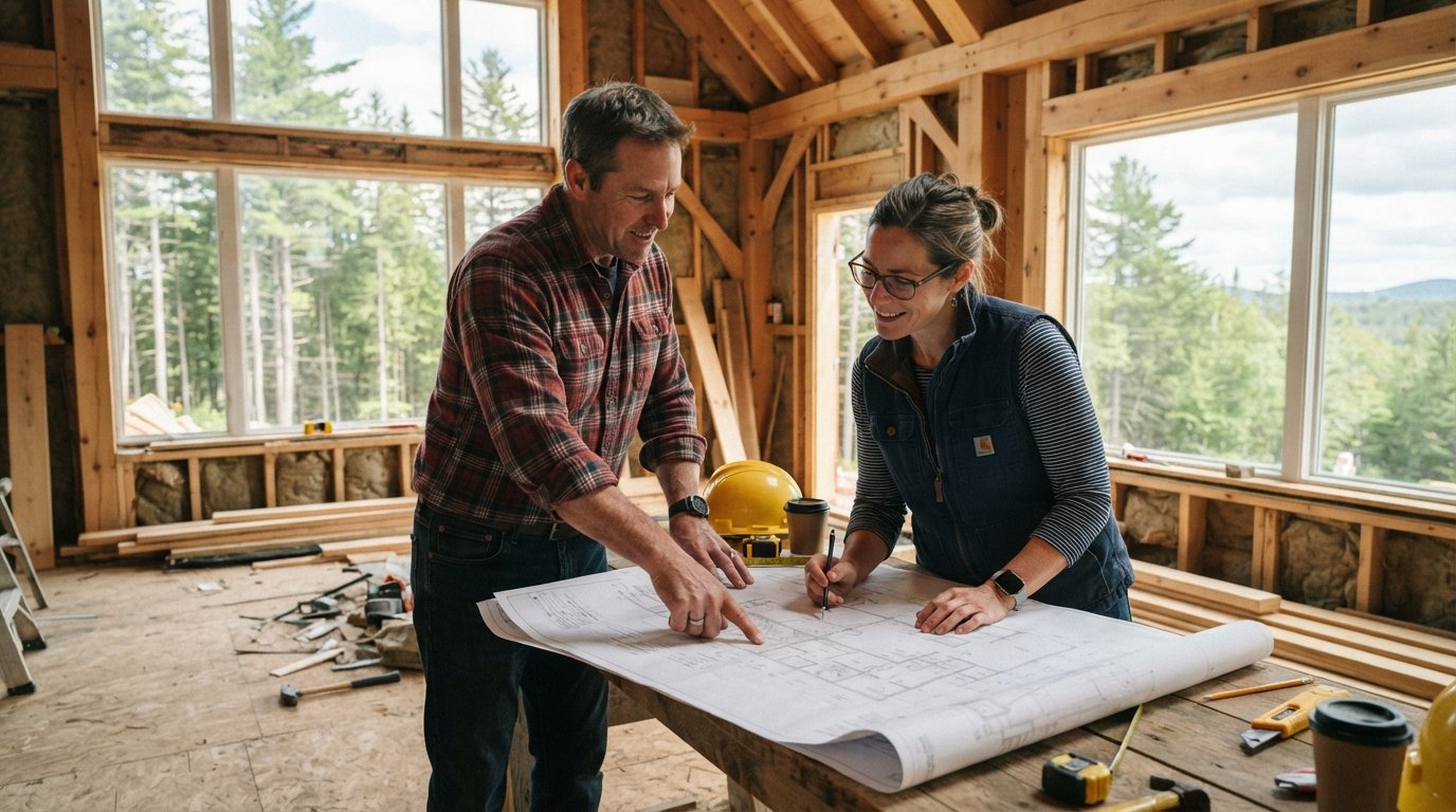 Architect and homeowner in flannel reviewing blueprints at a wooden table inside a timber-framed home under construction,…