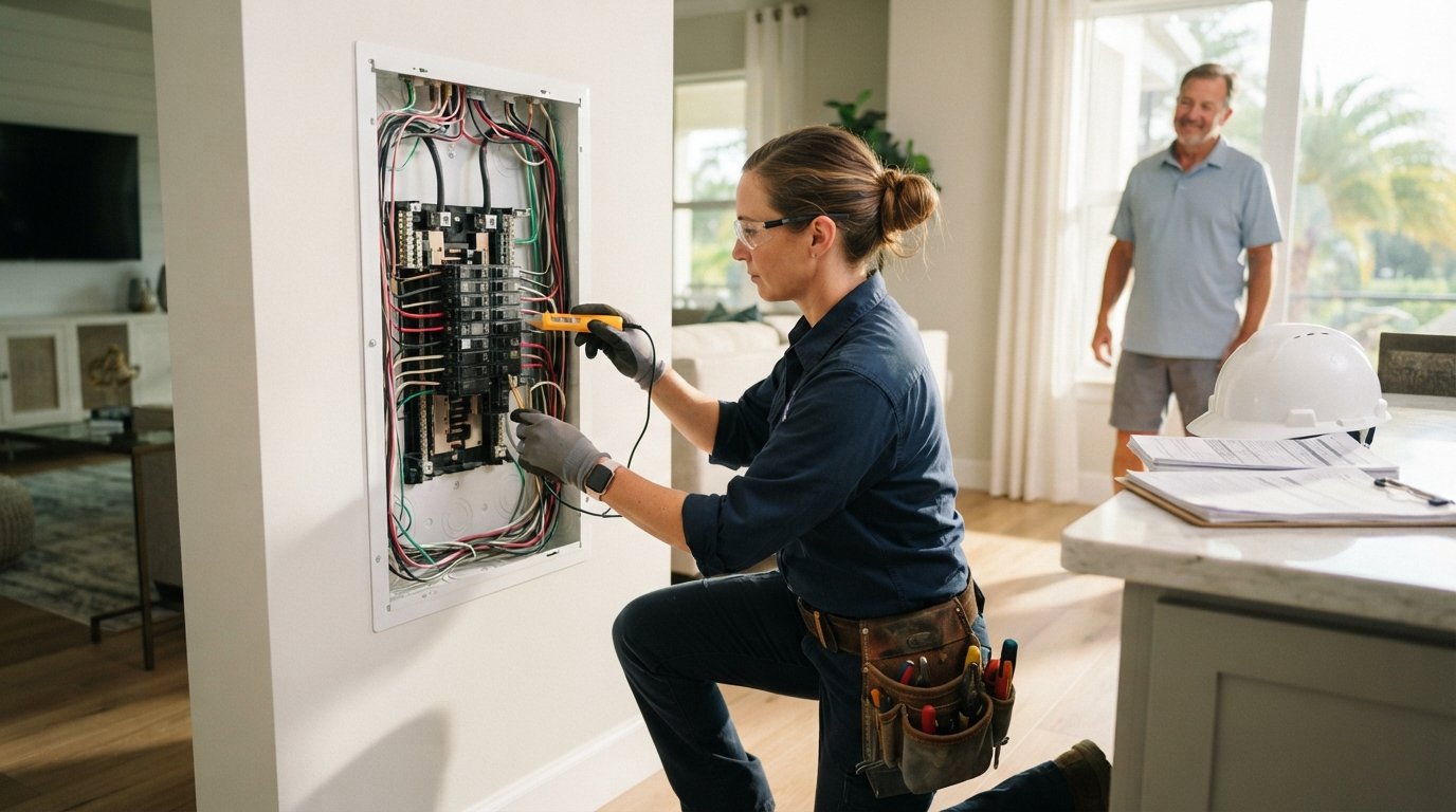 Female electrician in navy shirt tests wires in open white electrical panel while homeowner watches nearby