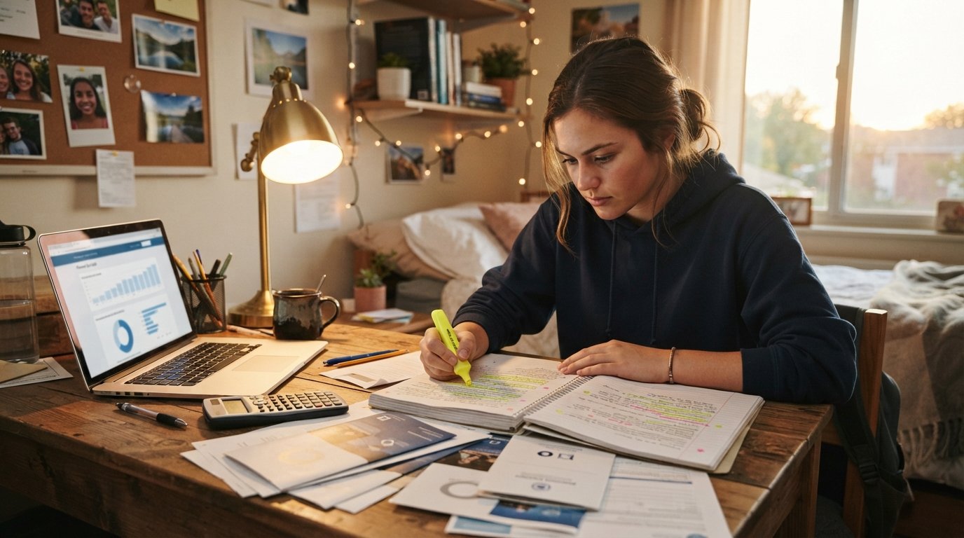 College student at a dorm desk with a laptop, scholarship papers, calculator, and notebook, highlighting options under a…