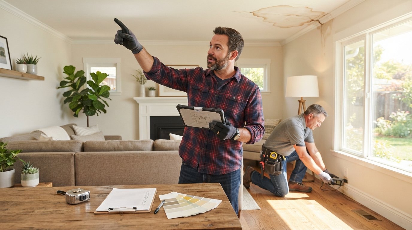 Homeowner in plaid shirt pointing at water-stained ceiling while contractor inspects floor with moisture meter in bright…