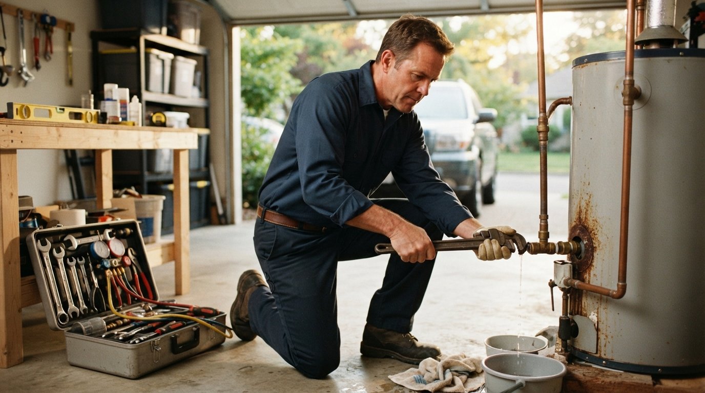 Plumber in navy uniform kneeling beside a leaking water heater, tightening copper fittings with a pipe wrench in a clean…