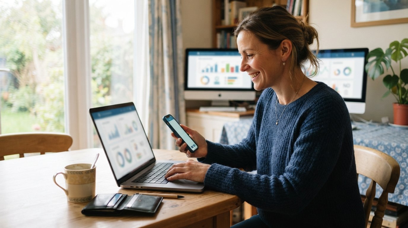 Woman at kitchen table using laptop and smartphone to access insurance portal, wallet with empty card slot nearby
