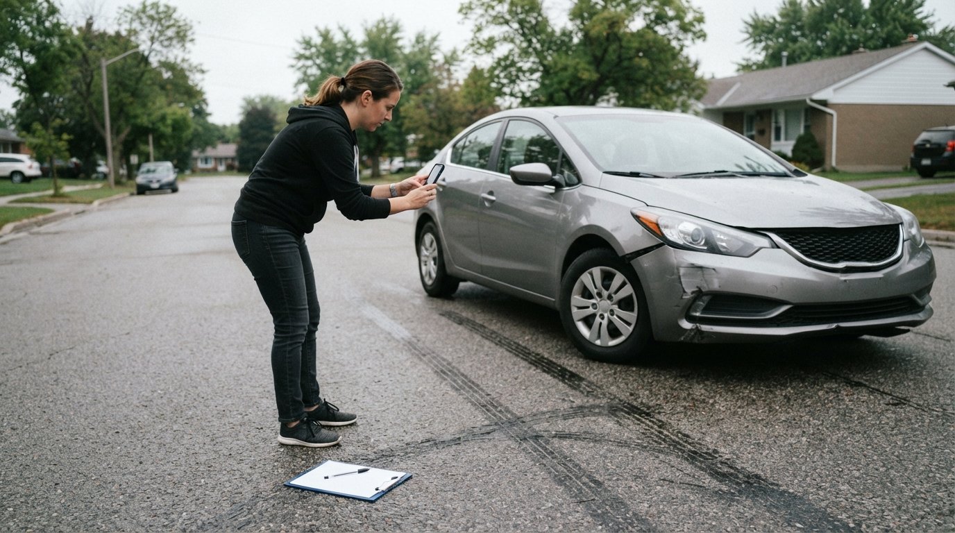 Person using a smartphone to photograph a damaged sedan and skid marks on a suburban road, with a clipboard nearby