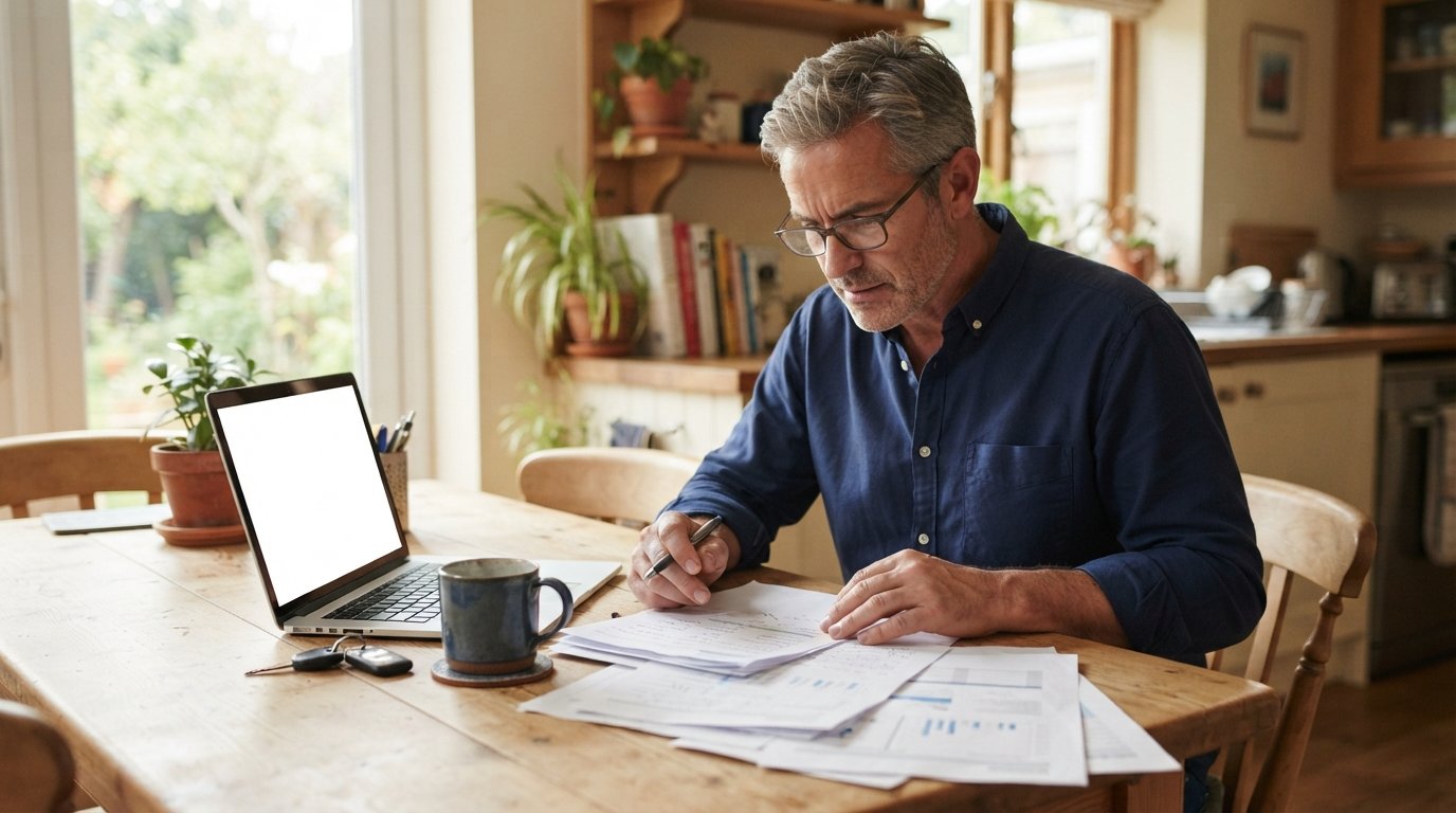 Middle-aged man in a navy button-down shirt reviewing documents at a sunlit kitchen table with a laptop, car keys, and…