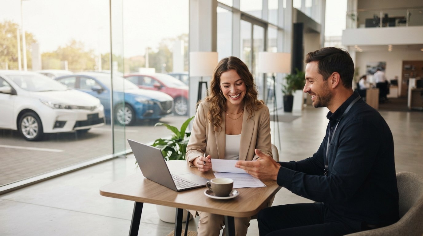 Woman in casual business attire smiles while reviewing car loan paperwork with a salesperson at a dealership table, new…