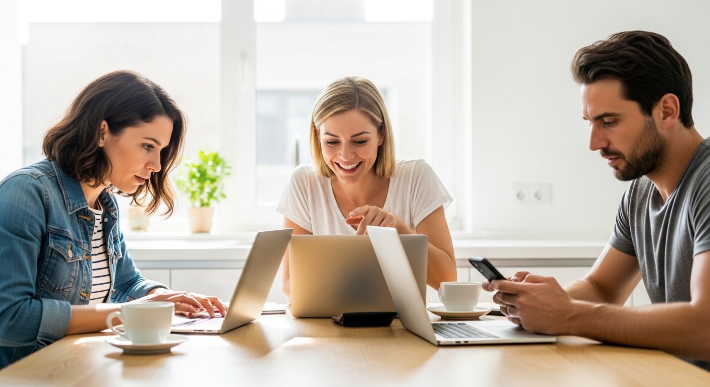 Two women and a man in their 30s sit at a bright kitchen table, looking at a laptop and smartphone, with one woman smiling…
