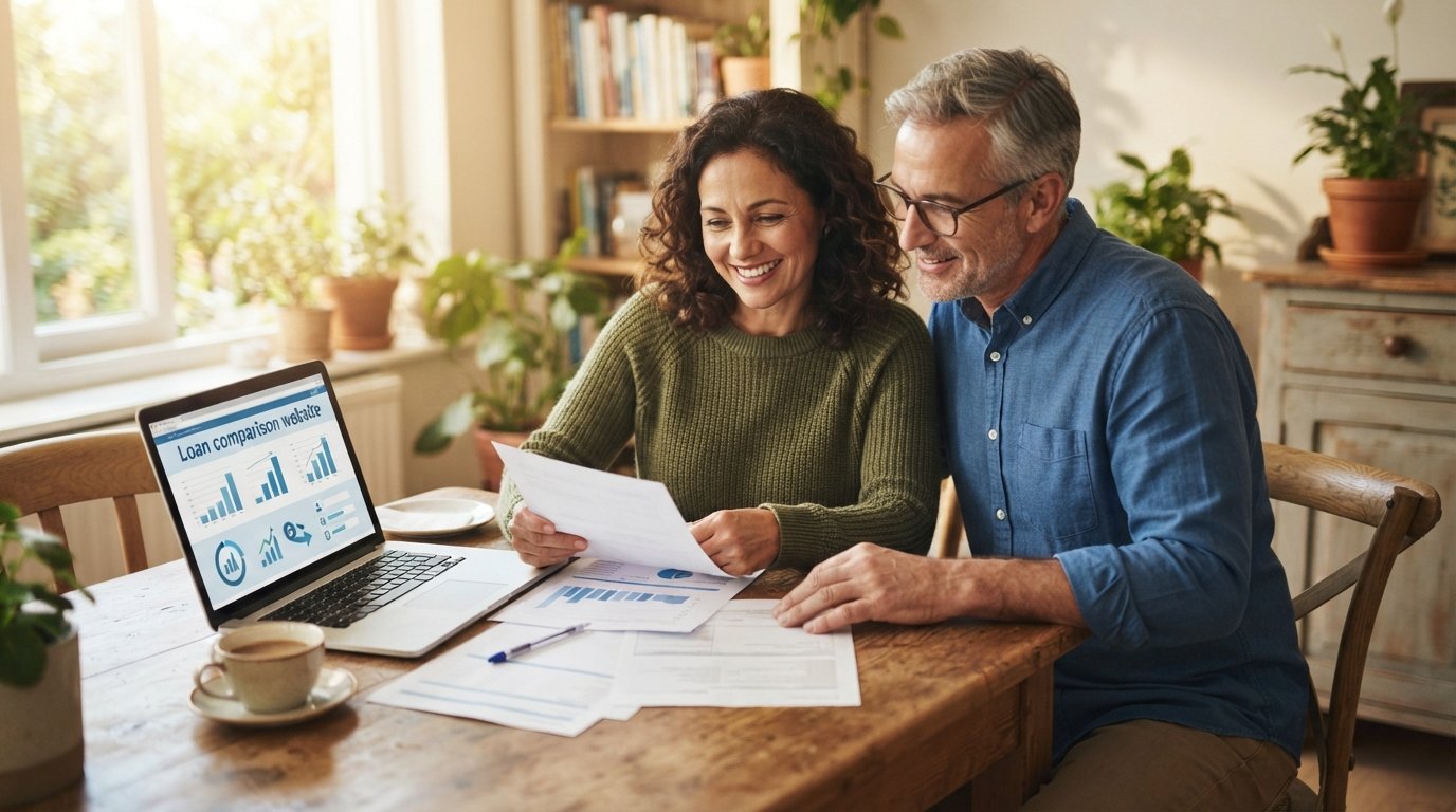 Man and woman at a kitchen table reviewing financial papers beside a laptop and coffee mug in morning light