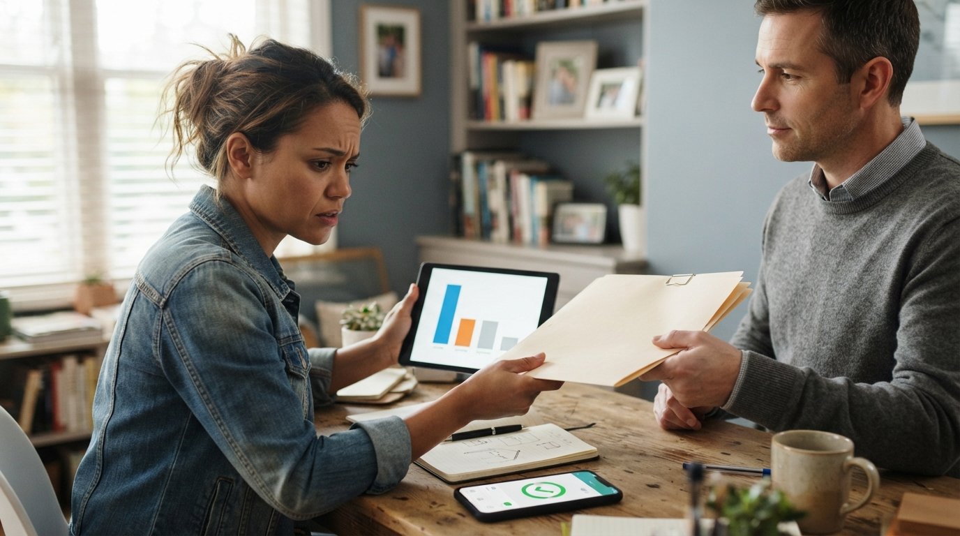 Adult reviewing a tablet with an income versus expenses chart while another hands over a folder in a sunlit home office