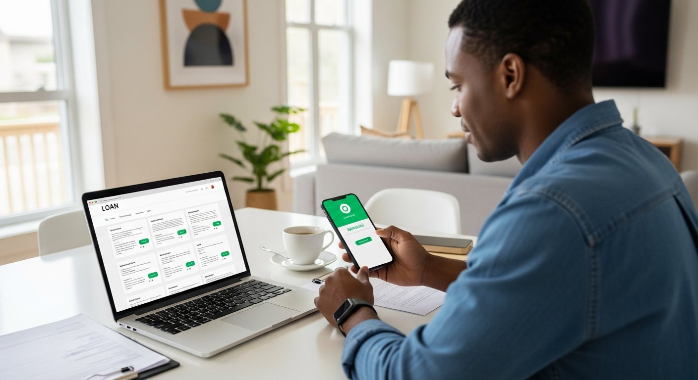 Person at a kitchen table viewing loan comparison offers on a laptop while holding a smartphone with an approval notification