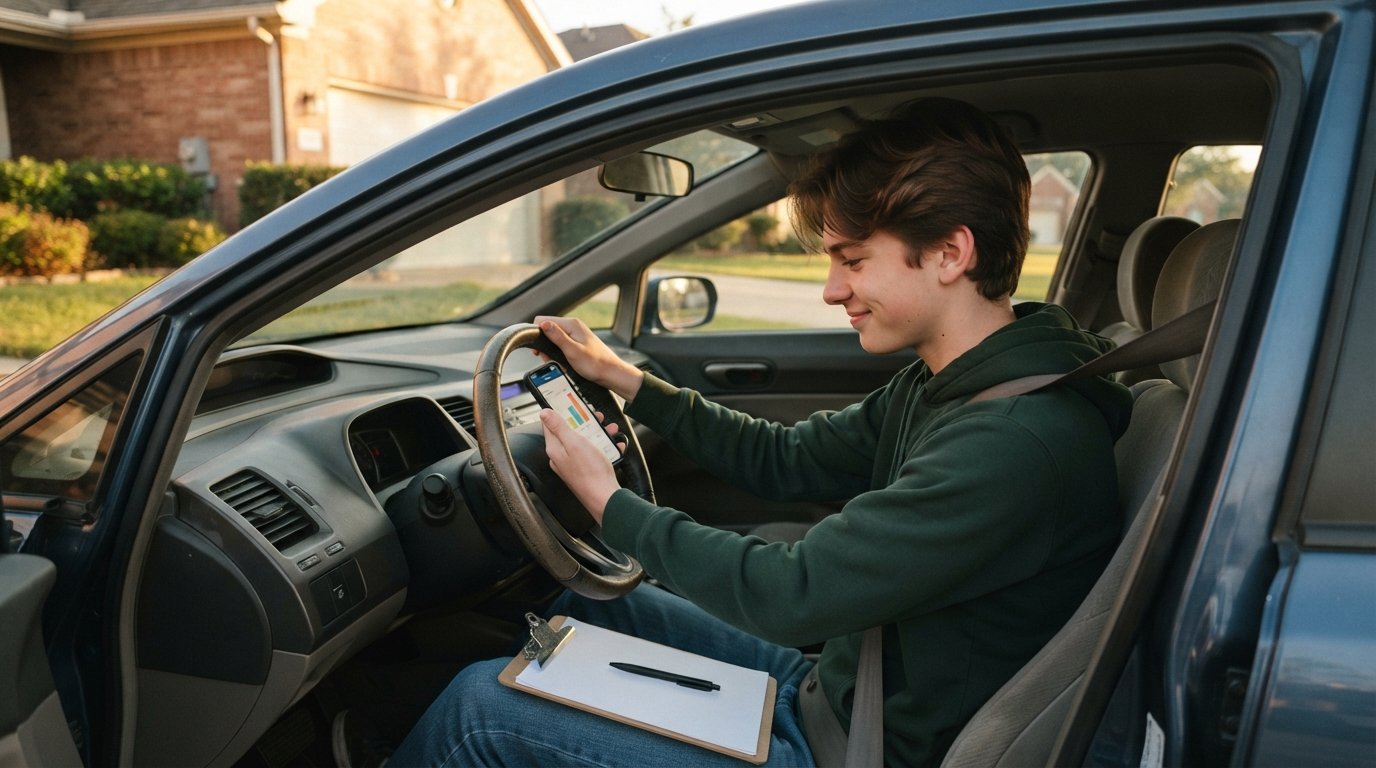 Teenage driver in a hoodie sits in a parked sedan, checking an insurance quote comparison on his phone.