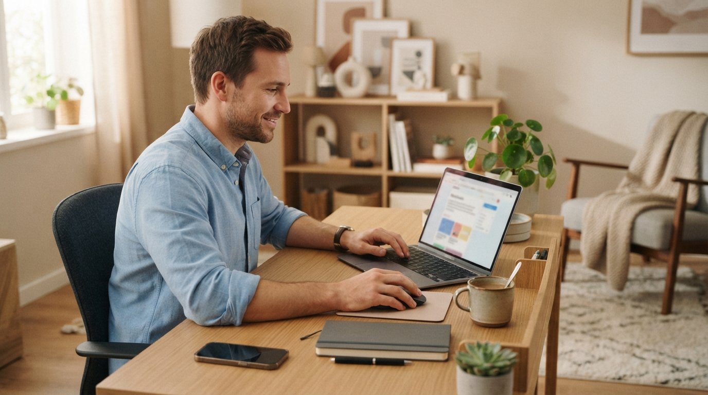 Man in a light blue shirt at a home desk using a laptop, with a notebook, coffee mug, and phone nearby