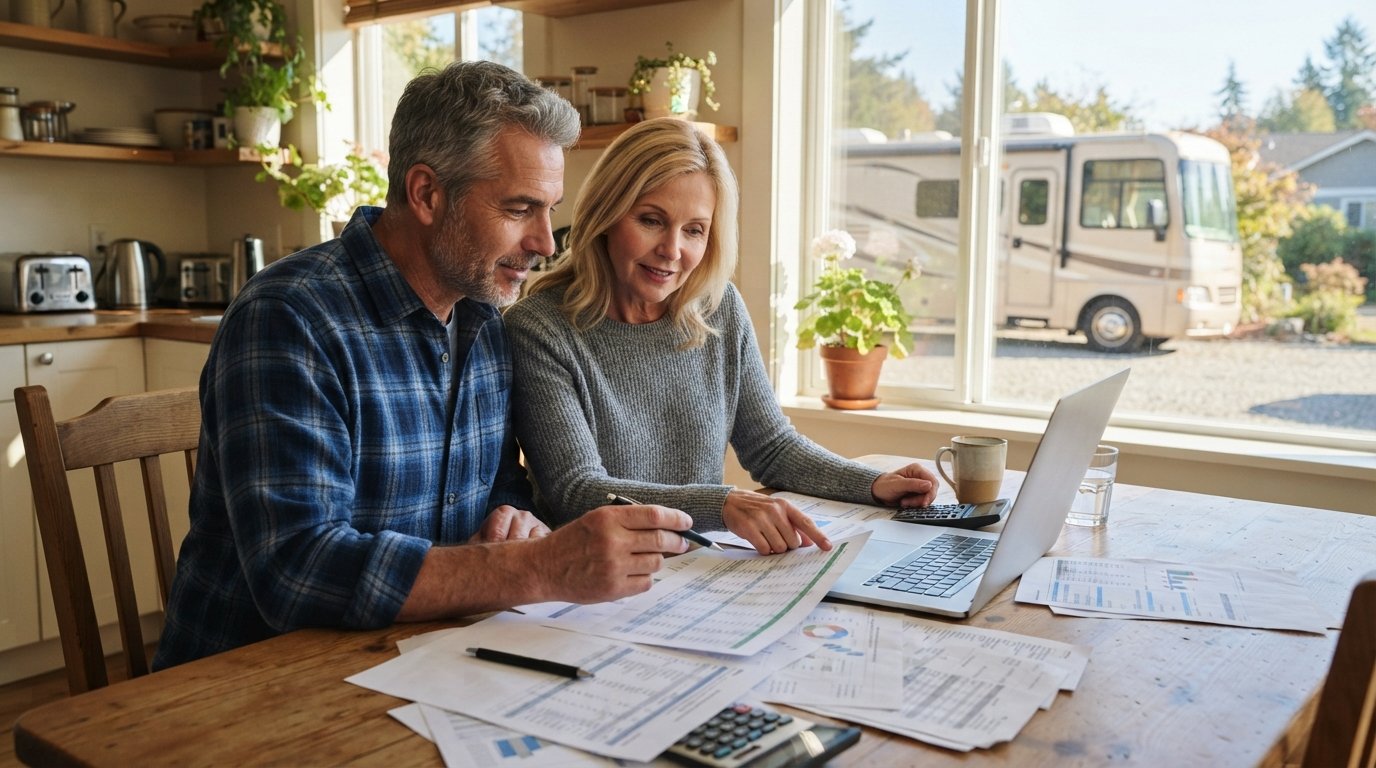 Couple at a kitchen table reviewing paperwork and a laptop with a calculator, coffee mugs, and a pen, an RV parked outside…