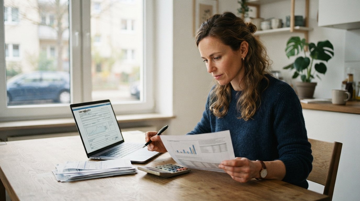 Woman in her 30s at a kitchen table reviewing a printed credit report while a laptop shows an online loan application, with…
