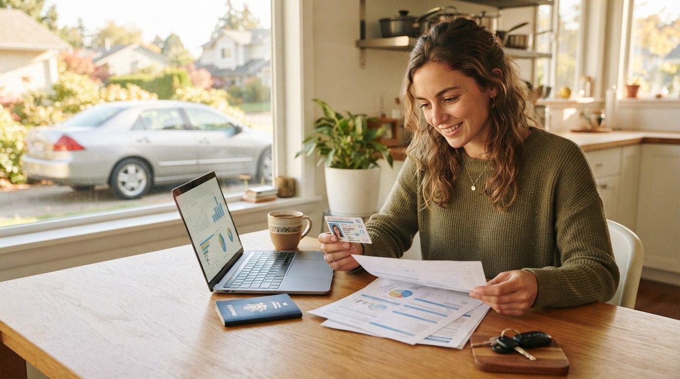Young adult at a sunlit kitchen table holding a foreign driver's license and insurance paperwork, with a laptop, passport,…