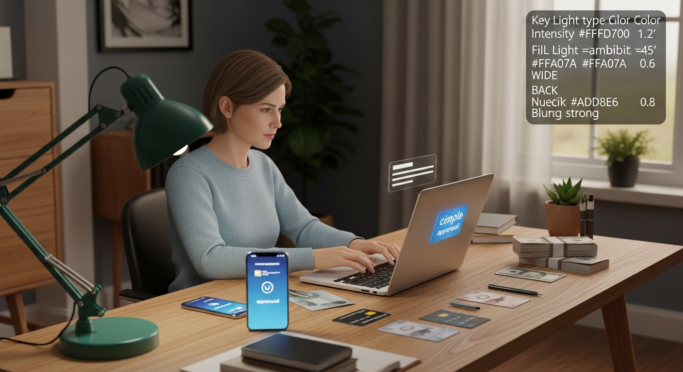A focused adult at a home desk at dusk, typing on a laptop with a credit card and small stack of bills nearby, while a…