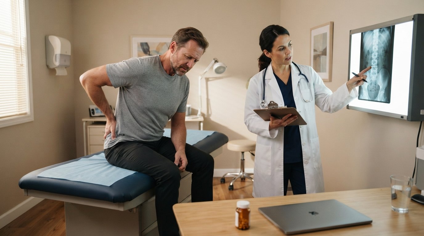 Middle-aged man in a doctor's office holding his lower back while a physician points to spine X-rays on a monitor