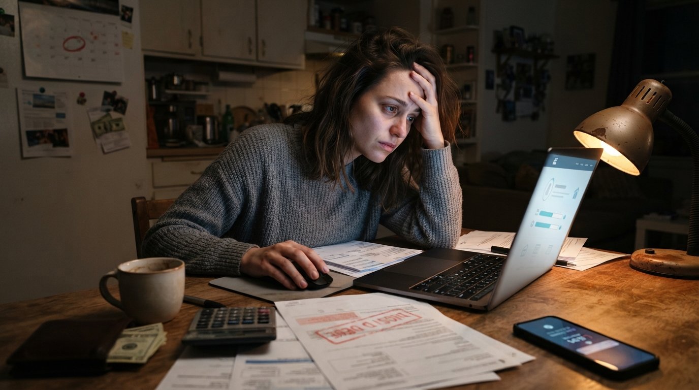 Young adult at a kitchen table at night reviews a past-due rent notice and bills while using a laptop to compare loan options