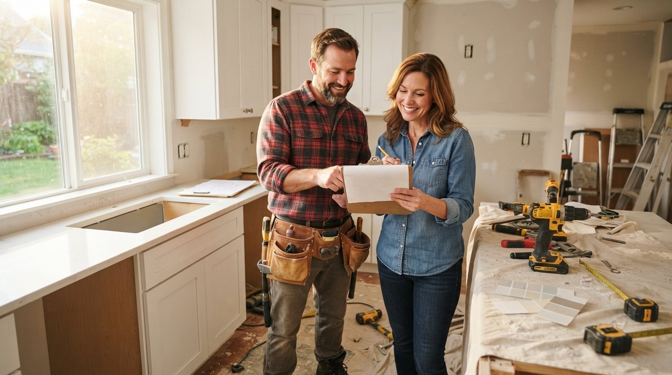 Female homeowner in denim shirt and male contractor with tool belt review a clipboard in a sunlit kitchen under renovation