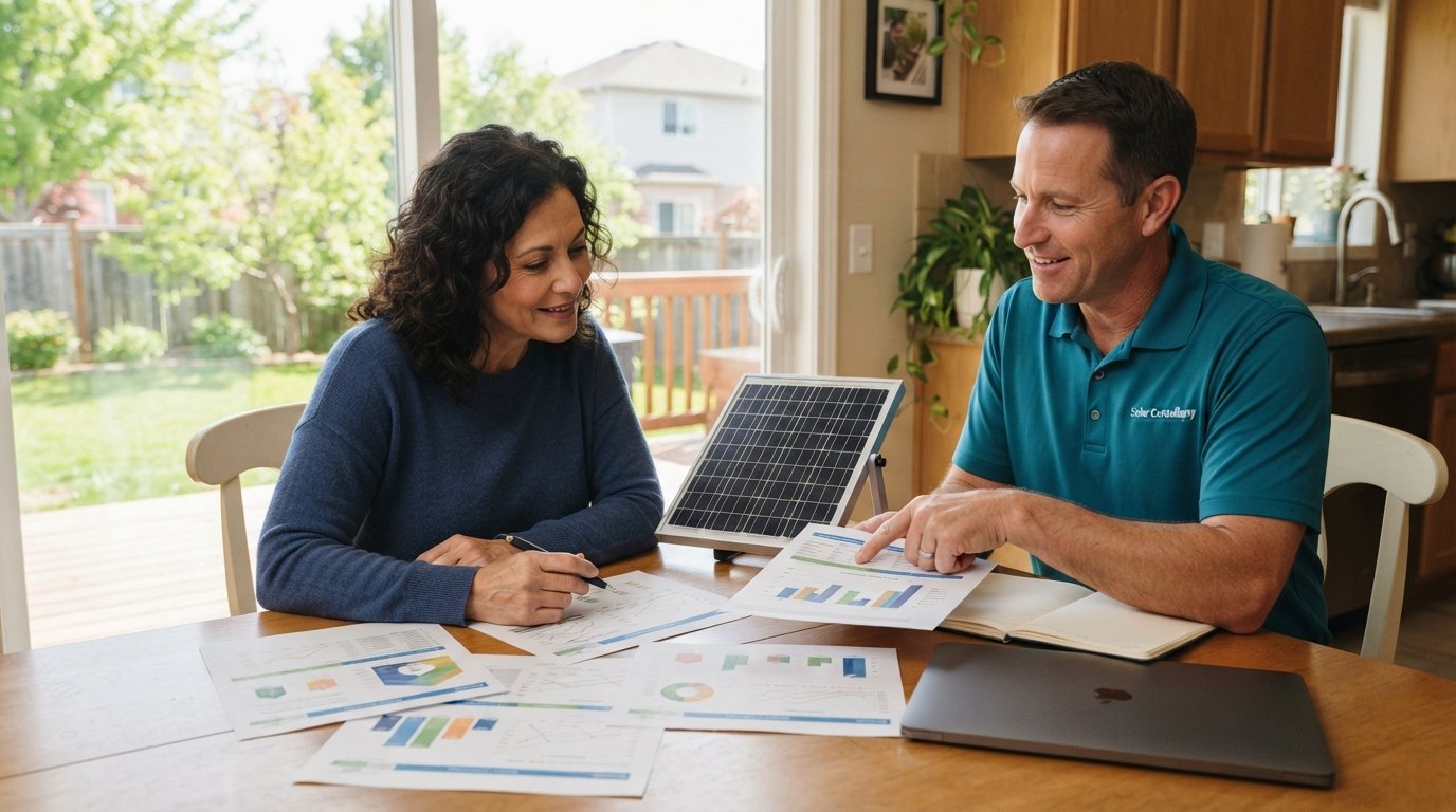 Homeowner and solar consultant compare printed estimates at a kitchen table with a laptop, solar panel model, and backyard…