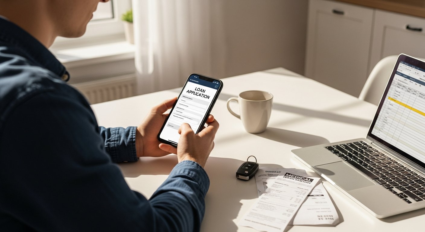Person in early 30s holding smartphone with loan app, car keys and bills on kitchen table, laptop with budget spreadsheet…