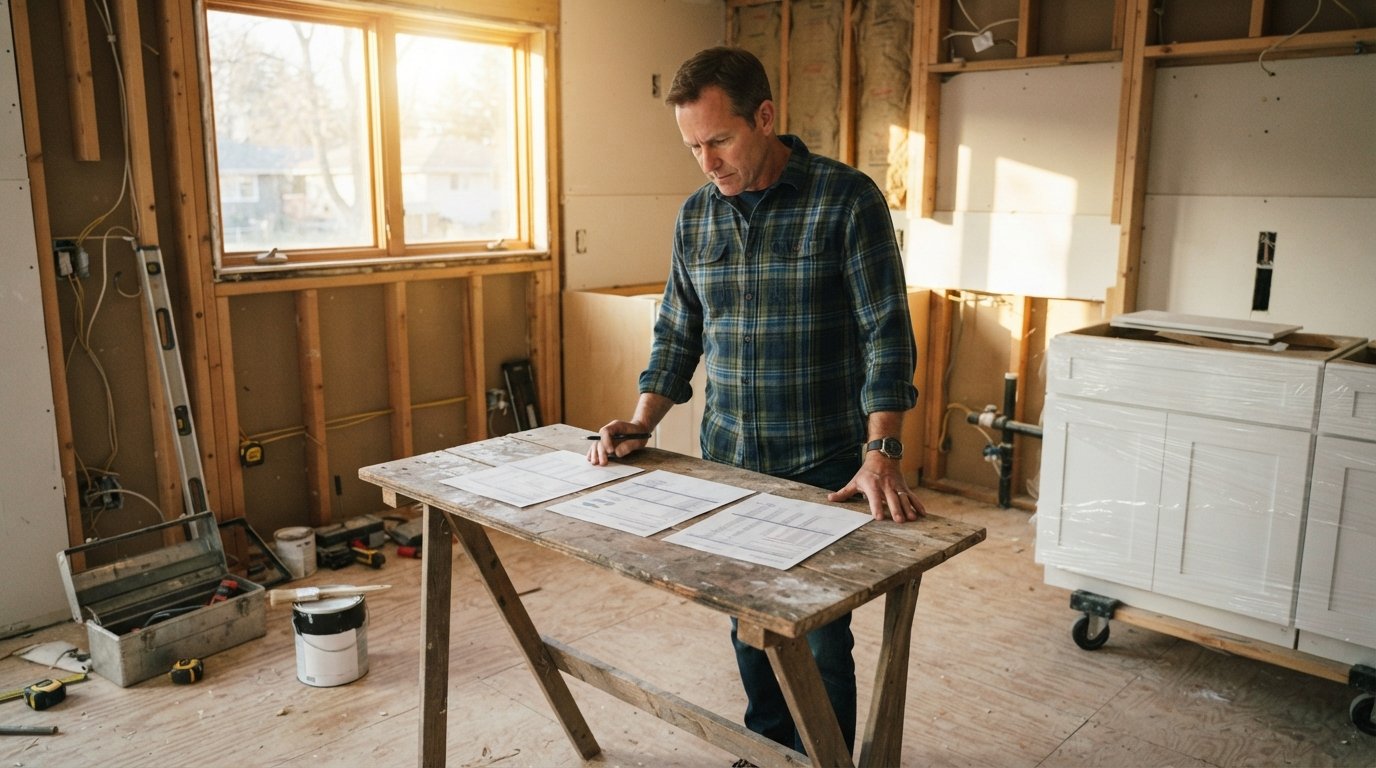 Middle-aged homeowner in a plaid shirt stands at a folding table comparing three printed bid proposals during a kitchen…