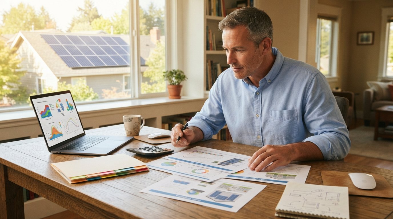 Homeowner in blue shirt at wooden desk with three solar proposals, calculator, laptop charts, pen, and coffee mug; rooftop…