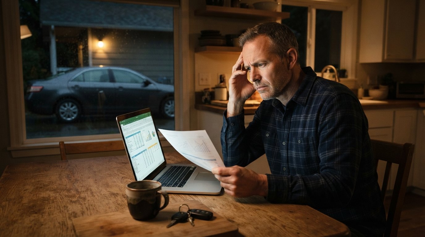 Man in a button-down shirt sits at a kitchen table at night, holding a loan statement and looking at a laptop, with car…