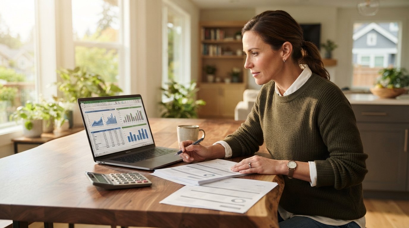 Person in business-casual clothing comparing mortgage documents at a kitchen table with a laptop, calculator, and pen
