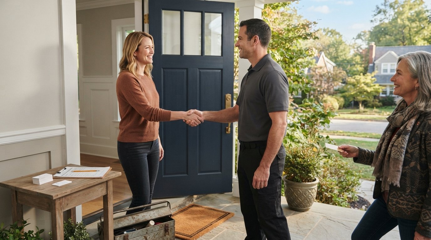 Remodeling contractor in work polo shaking hands with smiling homeowner at front door as neighbor approaches with referral…