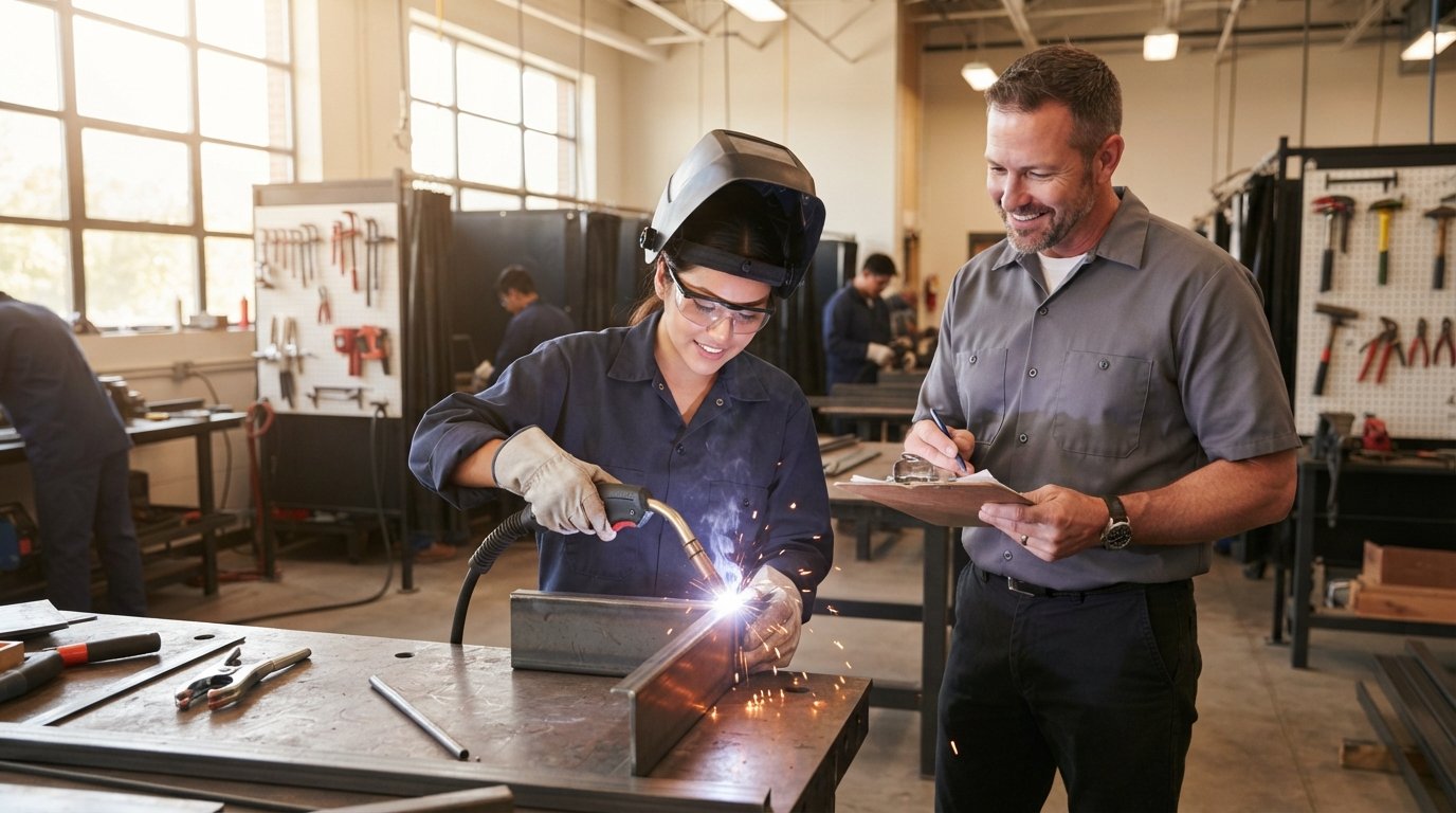 Young woman in safety glasses welds metal as male instructor with clipboard observes in bright workshop