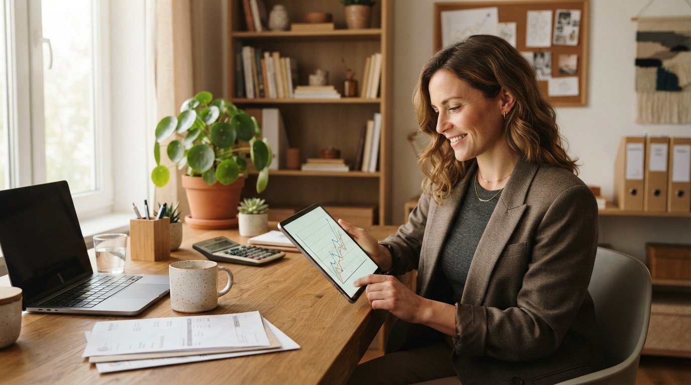 Self-employed woman at a home-office desk reviewing a tablet with an upward-trending line graph, surrounded by invoices, a…