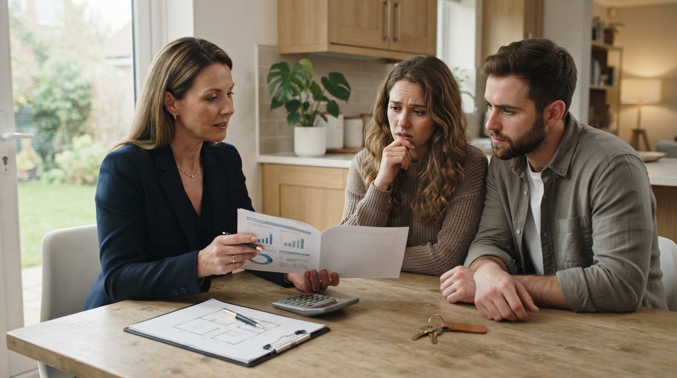 Real estate agent and young couple reviewing an appraisal document at a kitchen table with a calculator, keys, and a…