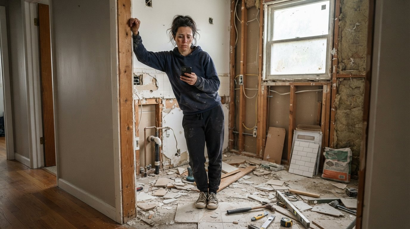 Concerned homeowner holding a phone in a half-demolished bathroom with exposed studs, torn drywall, scattered tiles, and…
