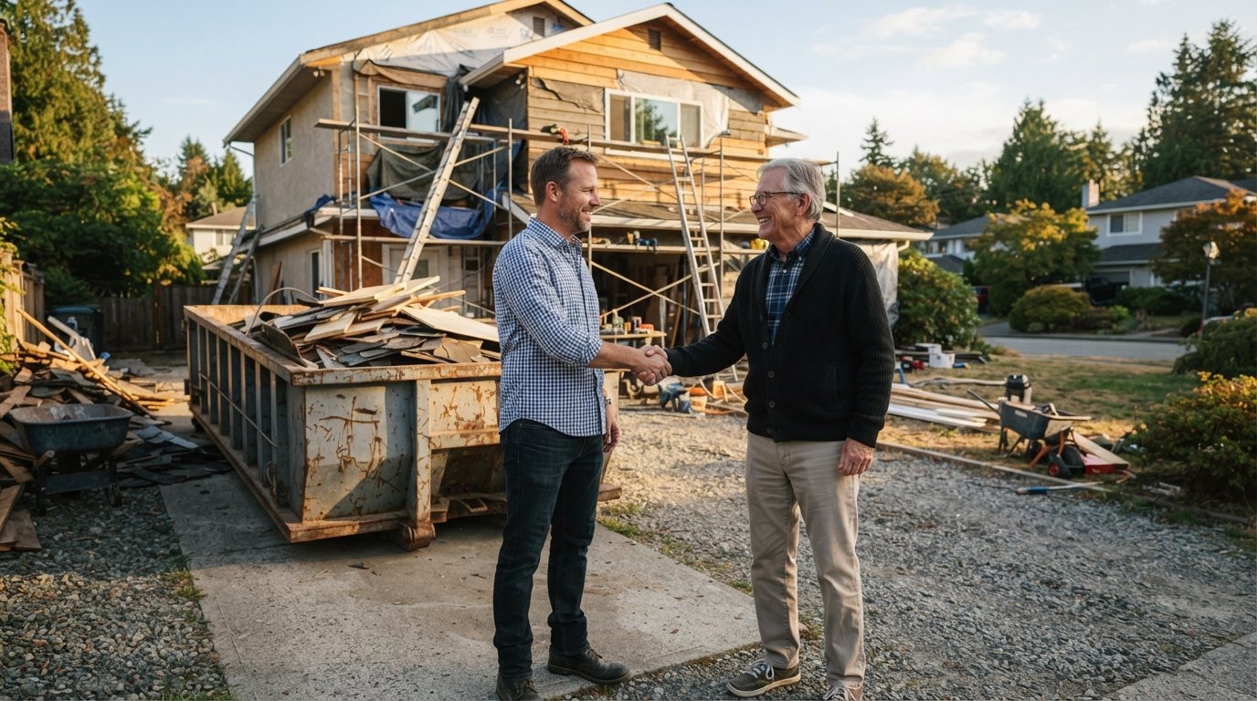 Homeowner in a button-down shirt shakes hands with an older neighbor in a cardigan on a suburban driveway beside a…