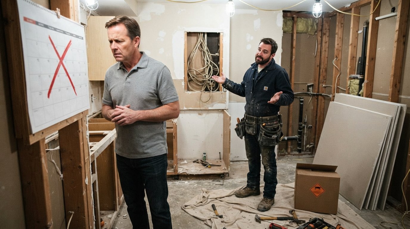 Middle-aged homeowner in a grey polo shirt frowns at a wall calendar with a red X while an electrician points to exposed…
