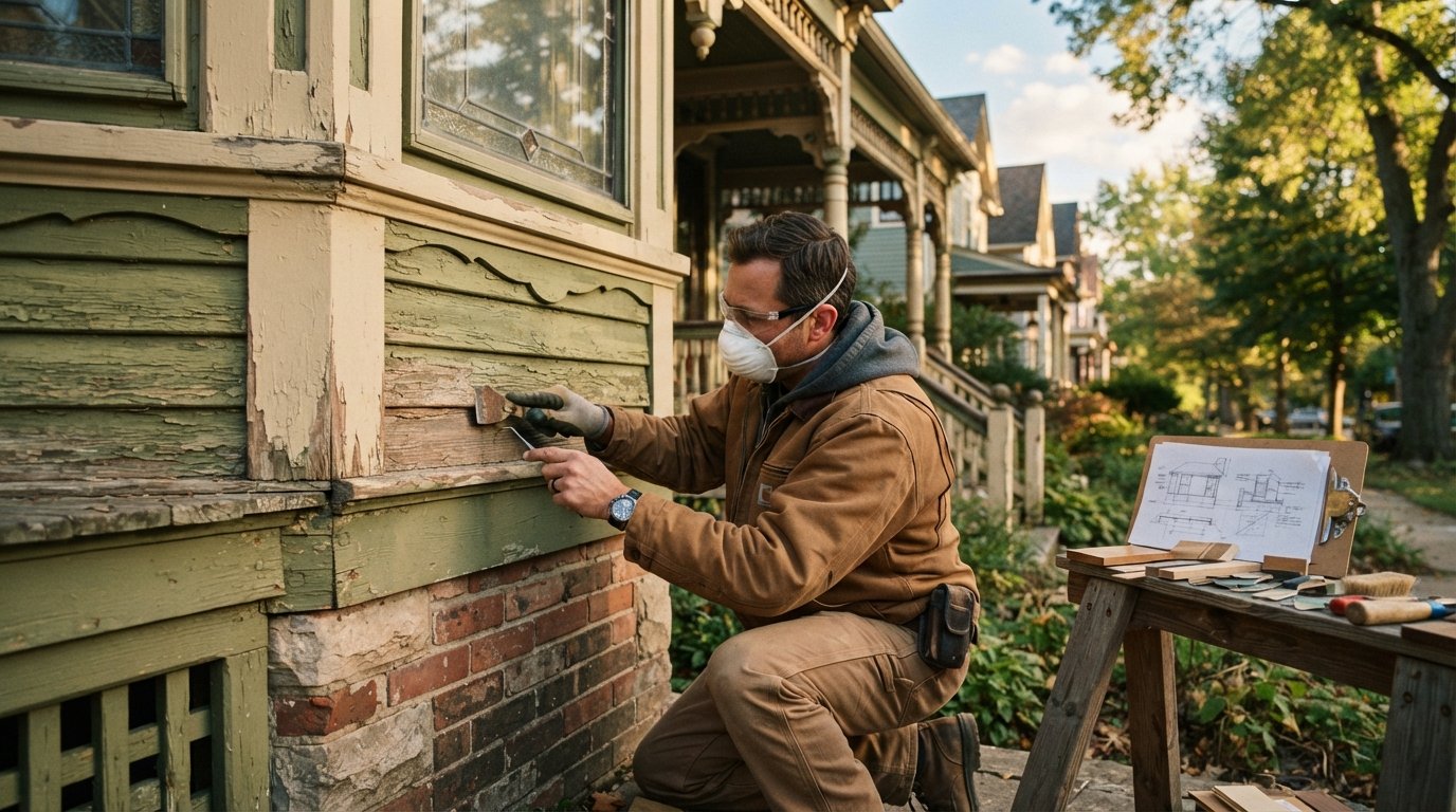 Contractor in canvas jacket and dust mask uses a hand scraper to inspect weathered wood siding on a Victorian home, with…
