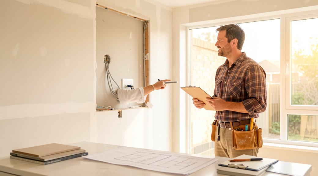Homeowner with tablet points at exposed wall while contractor holding clipboard listens in bright kitchen under renovation