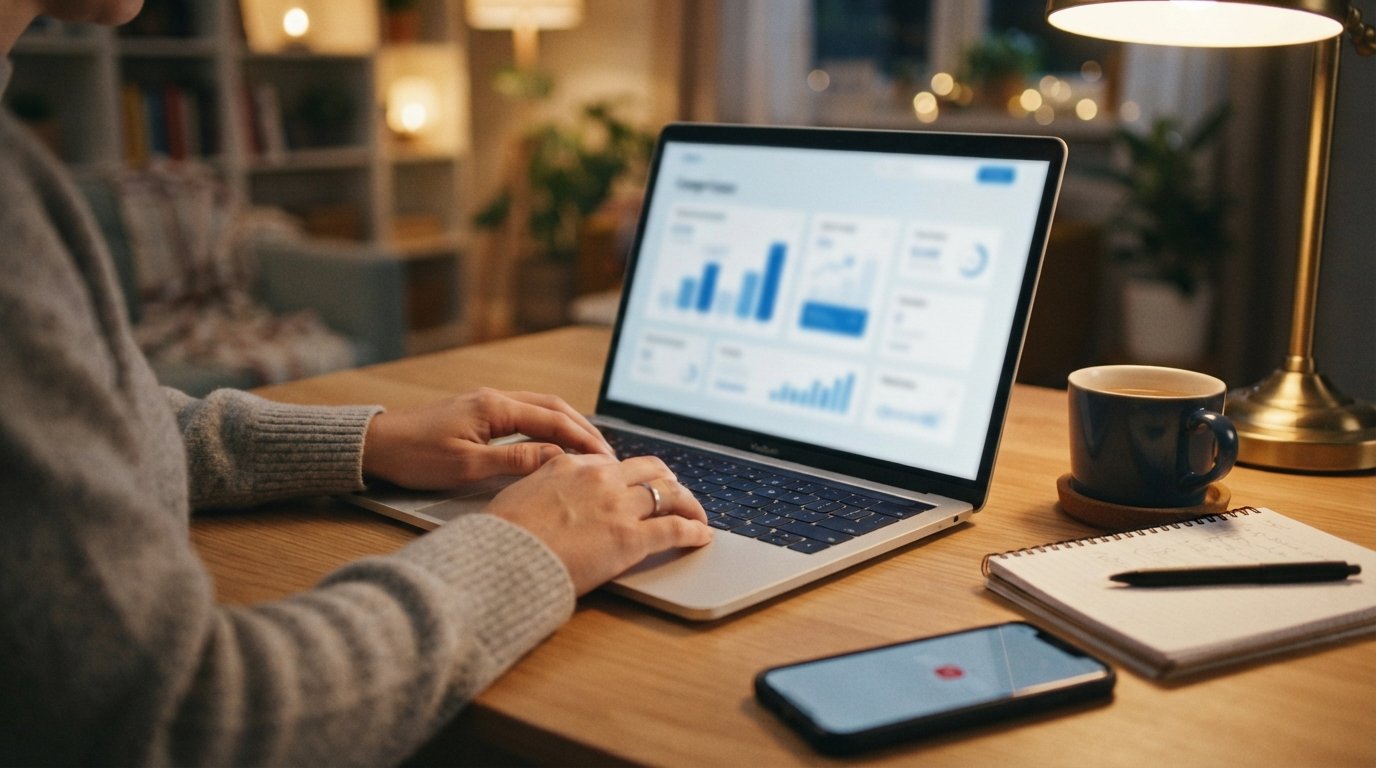 Hands on a laptop keyboard at a tidy desk, screen showing a blurred loan comparison chart, with a notepad, pen, coffee mug,…
