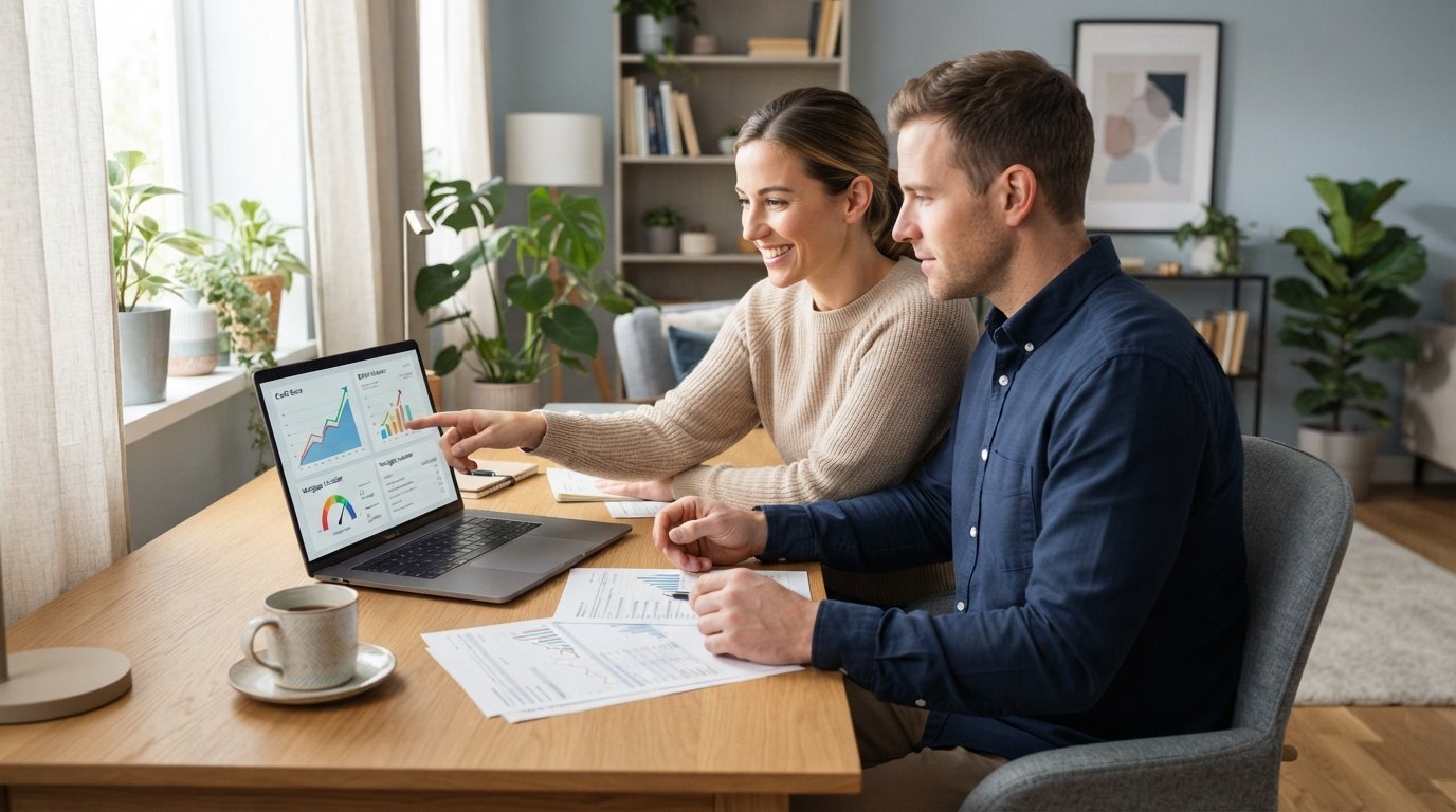 Couple at a home office desk reviewing printed loan paperwork while a laptop shows rising credit score graphs