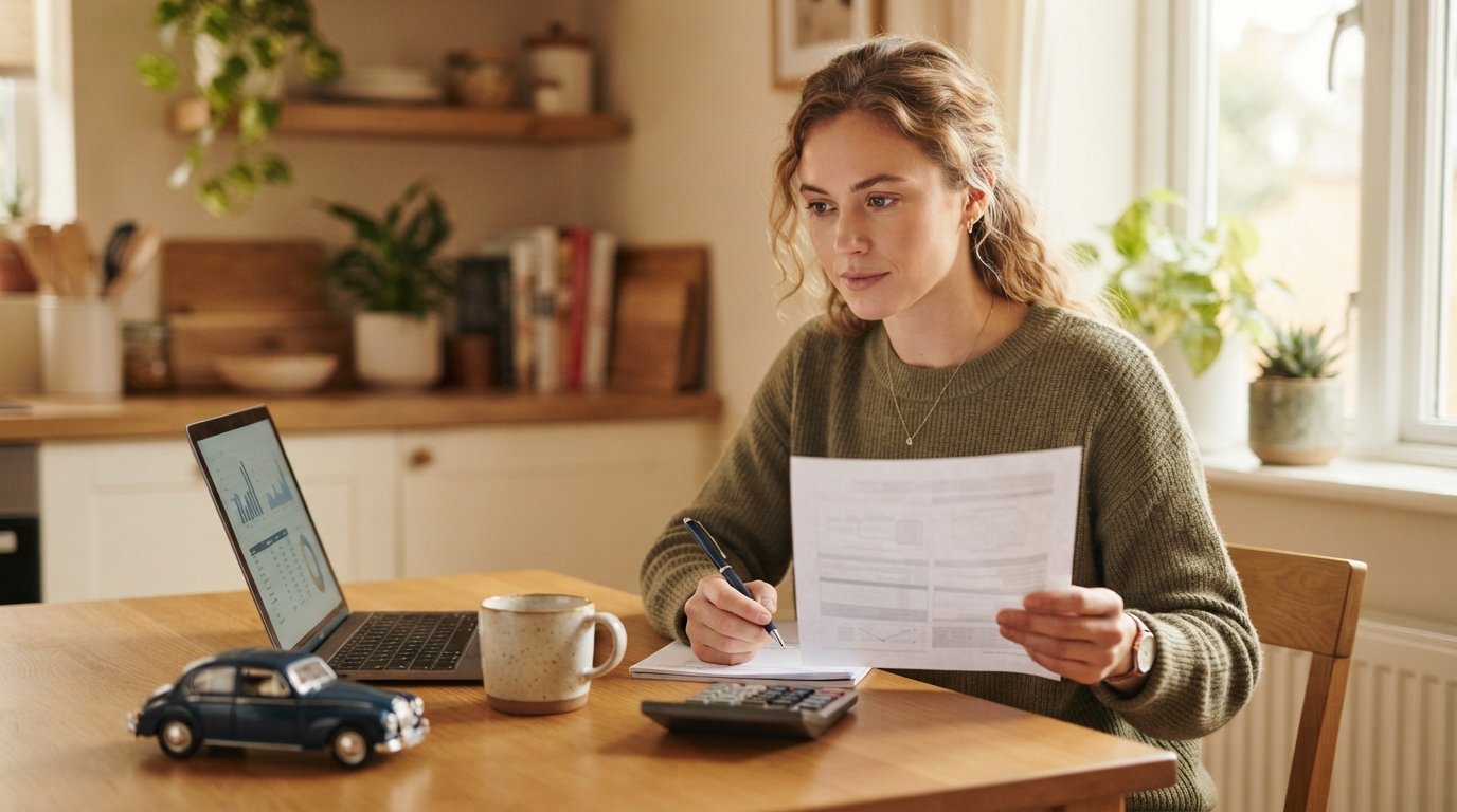 Young adult reviewing a printed credit report with a pen at a kitchen table beside a laptop, calculator, coffee mug, and…