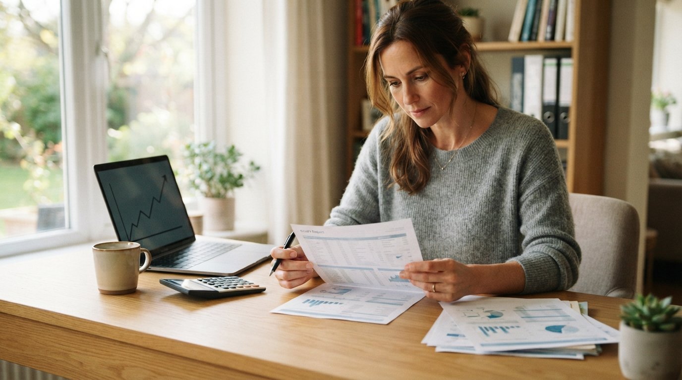 Woman in gray sweater reviewing a printed credit report with a pen at a light oak desk, laptop showing a line graph nearby