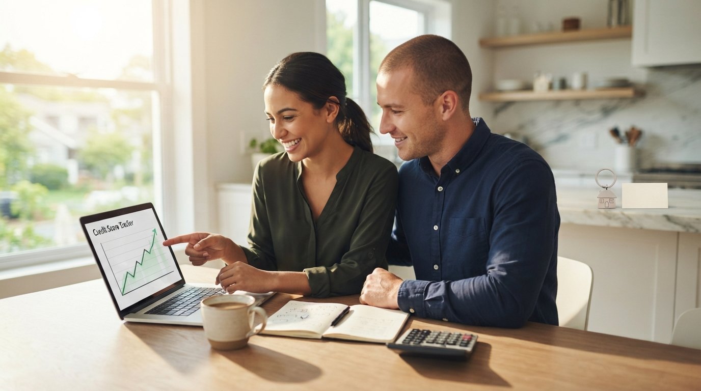 Couple at a kitchen table reviewing a laptop showing a rising credit score graph, with a calculator, notepad, and coffee…
