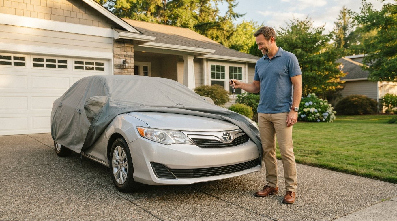 Man in blue polo holds car keys beside a silver sedan partly covered by a gray fabric car cover in a suburban driveway