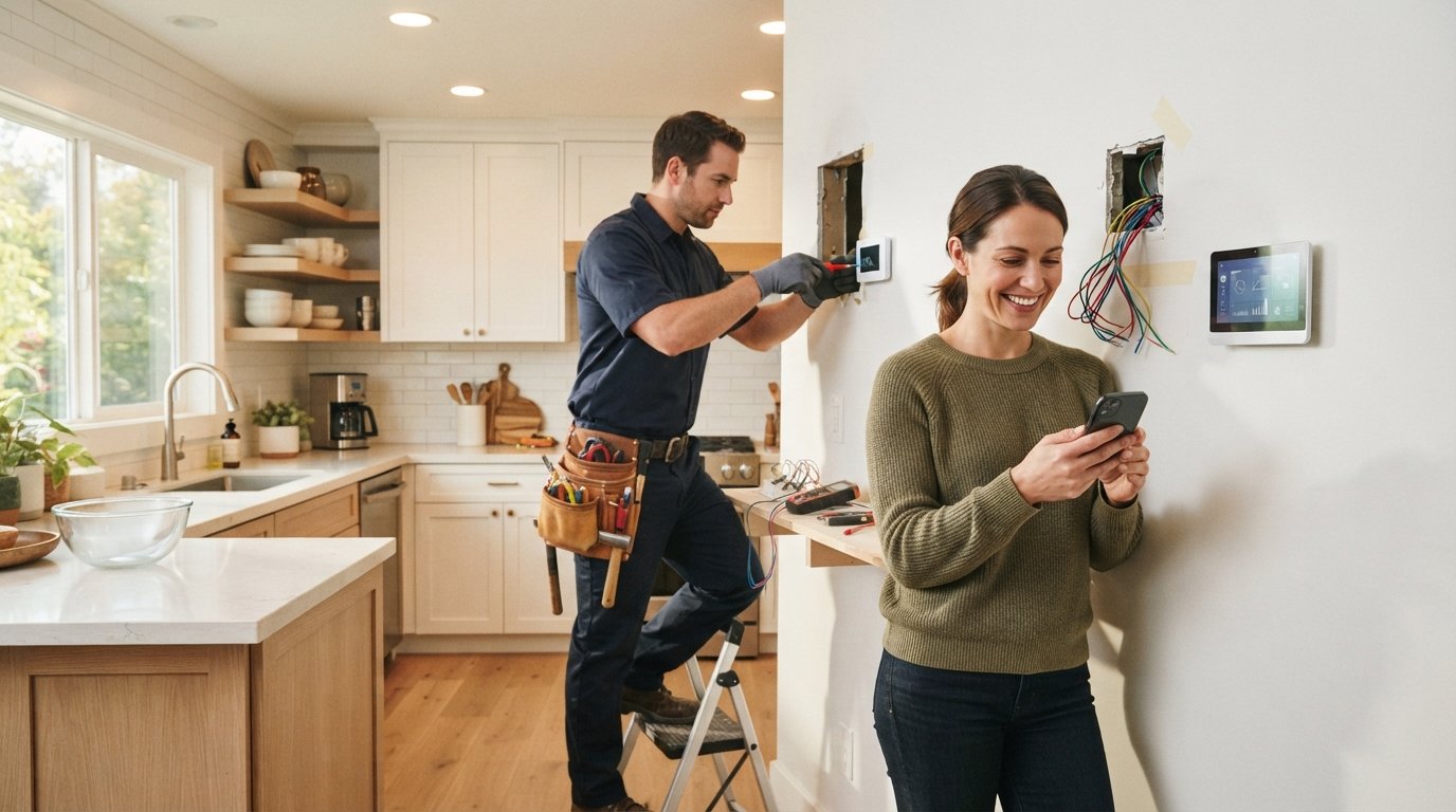 Electrician installs a white smart thermostat on an open wall while a homeowner holds a smartphone in a bright kitchen…