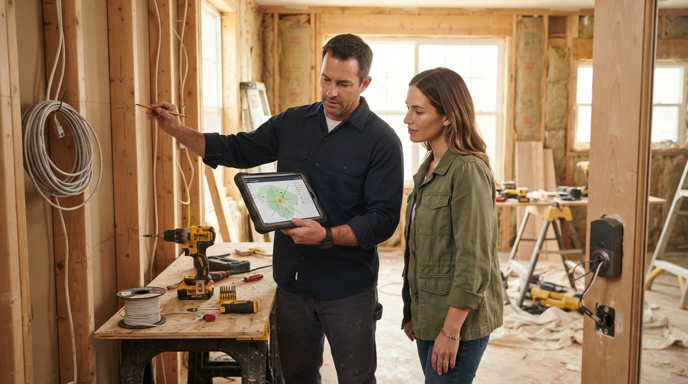 Contractor in navy shirt and homeowner review a wall-mounted camera blueprint in a renovating room with exposed studs,…