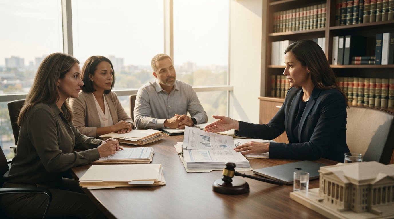 Four adults review paperwork and medical records with an attorney at a walnut conference table in a sunlit law office