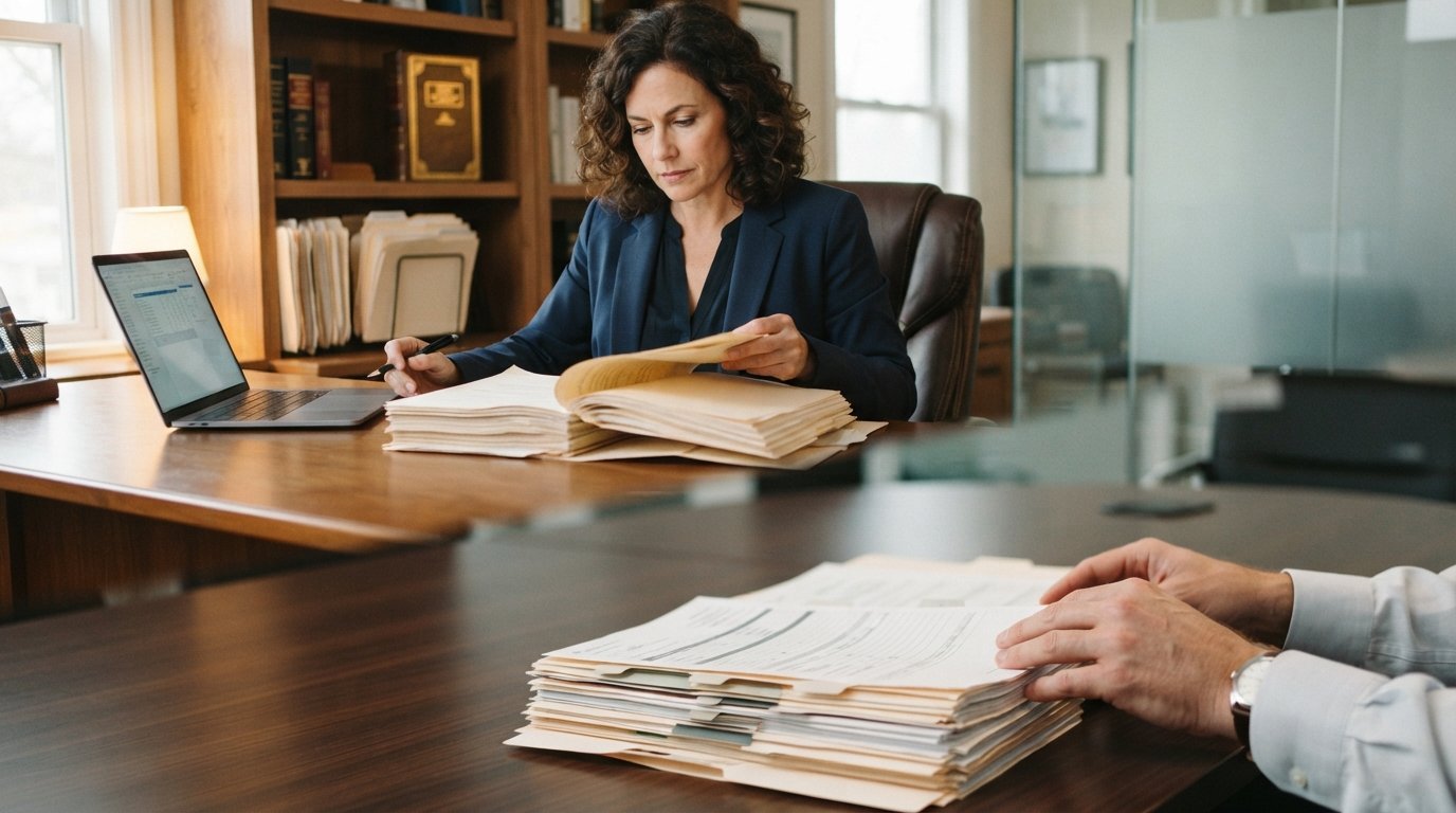 Woman in a navy blazer reviewing legal documents at a wooden desk beside a laptop, with a man's hands sorting medical…