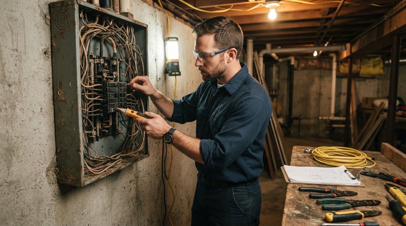 Licensed electrician in navy shirt and safety glasses tests exposed copper wiring inside an open electrical panel in an…